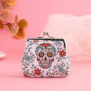 Small Mini Sugar Skull Flower Print Faux Leather Clutch Coin Change Purse Wallet